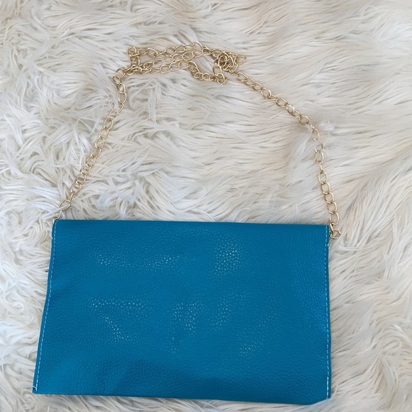 Turquoise blue Crossbody Clutch scalloped gold hardware envelope purse handbag - Picture 11 of 16